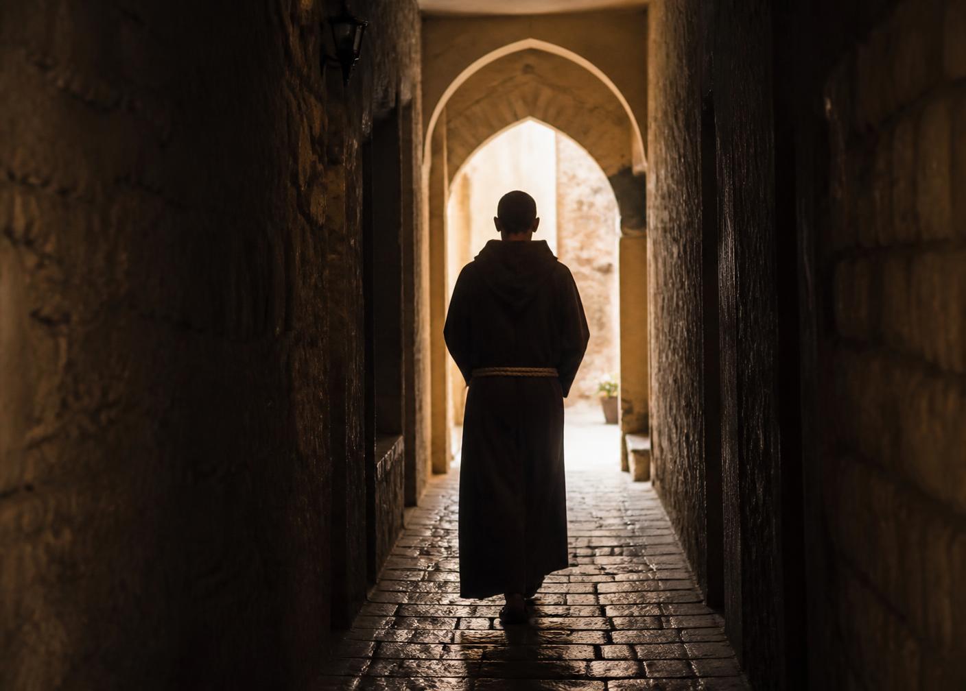 A figure in a simple habit walking down a stone corridor toward the light.